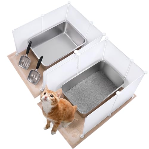 Pinkunn 2er-Set Edelstahl-Katzentoilette, große Metall-Katzentoilette mit 2 Katzenstreuschaufeln, 12 Streu-Spritzschutz und 2 Katzenstreu-Matten, nimmt nie Gerüche auf (cremeweiß, 60 x 40 x 20 cm) von Pinkunn