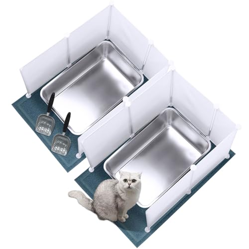 Pinkunn 2er-Set große Edelstahl-Katzentoiletten mit 2 Katzenstreuschaufeln, 12 Streu-Spritzschutz und 2 Katzentoiletten, absorbiert keine Gerüche (blau, 20 cm) von Pinkunn