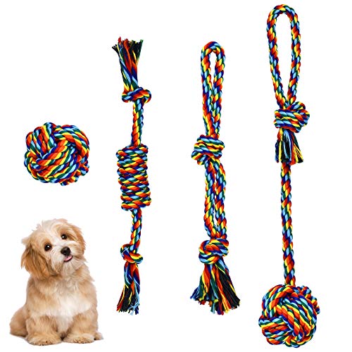 Pinsheng 4 Stück Baumwoll Hundeseile Set, Interaktives Hundespielzeug Seil, Seil Welpenspielzeug für Kauen Schlepper Werfen Holen, Vorteilhaft für Groß/Klein Hundes zur Zahnreinigung(4 Formen) von Pinsheng