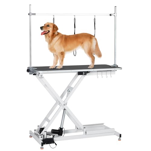 Verbesserter elektrischer Fellpflegetisch für Hunde, robust, höhenverstellbar (23,9 cm - 100,1 cm), Haustier-Pflegetisch mit Nivellierrädern, X-Lift, rutschfeste Tischplatte und von PioneerWorks