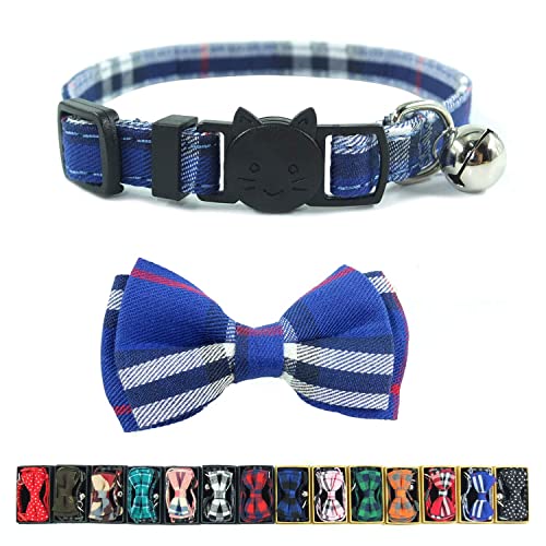 Katzenhalsband, mit Glöckchen und Fliege, kariert, verstellbar, Sicherheits-Halsbänder für Kätzchen, 17,3–27,4 cm, Blau kariert von Pipidog