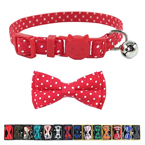Katzenhalsband, mit Glöckchen und Fliege, kariert, verstellbar, Sicherheitshalsband für Kätzchen, 17,3–27,4 cm, rote Punkte von Pipidog