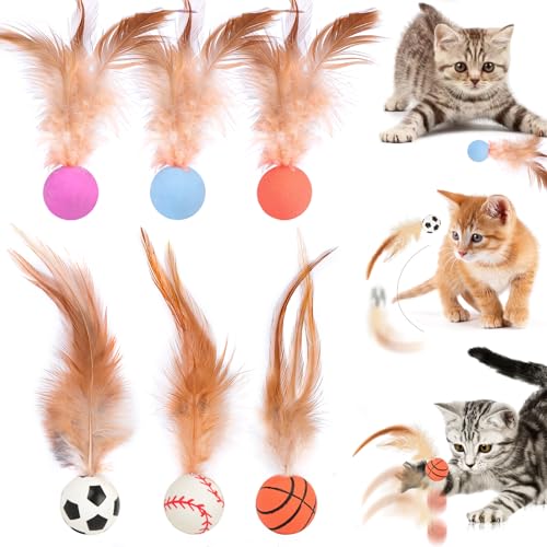 Hüpfball Spielzeug,6 Stück Neues Katzenspielzeug Feder Ball,Federspielzeug für Katzen Kitten,Interaktives Katzenbälle für Drinnen und Draußen,Katzen-Trainingsbälle zum Trainieren, Jagen Trainieren von Pipihome