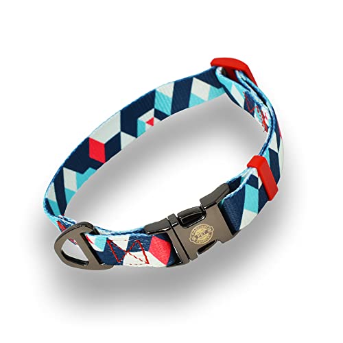 Pirbright Pet Company Hundehalsband mit geometrischem Muster, dick, stark, blau, rosa, orange, Schnalle, Clip, graviertes Logo (groß, blau/weiß) von Pirbright Pet Company