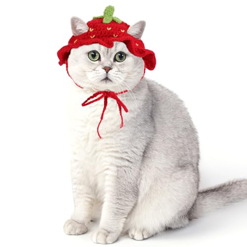 Piriuuo Erdbeer-Katzenhut, niedliche Strickmütze für Katzen, Baumwollhüte für Katzen, weicher kleiner Hundehut für Geburtstagsparty, Weihnachten, Welpenhut für kleine Haustiere (Rot, M) von Piriuuo