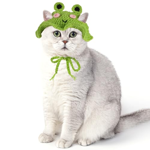 Piriuuo Frosch-Katzenhut, Baumwolle und weich, niedlich, Strickmützen für Katzen, Geburtstagsparty, Weihnachten, Welpenhut für kleine Haustiere (Grün, M) von Piriuuo