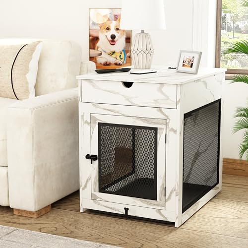 Piskyet Hundekäfig, Möbel, Beistelltisch aus Holz, mit Aufbewahrungsschublade, Kissen und Tablett, QC3.0, kabelloses Schnellladen und Dual-USB, Hundebox für mittelgroße Hunde, Marmorweiß Piskyet Hundekäfig, Möbel, Beistelltisch aus Holz, mit Aufbewahrungsschublade, Kissen und Tablett, QC3.0, kabelloses Schnellladen und Dual-USB, Hundebox für mittelgroße Hunde, Marmorweiß von Piskyet