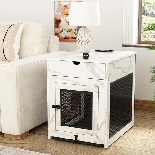 Piskyet Hundekäfig-Möbel, Holztisch für Hundekäfig, Beistelltisch mit Schublade, Kissen und Tablett, QC3.0 kabelloses Aufladen, Dual-USB, kleine Hunde, Marmorweiß von Piskyet