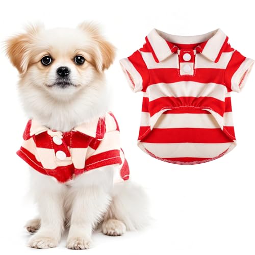Hunde-Shirt, Poloshirt, gestreifter Kragen, Welpenkleidung, Sommer, Knopfleiste, Haustierkleidung für kleine, mittelgroße Hunde, Katzen für Jungen, Mädchen, Haustiere (Rot, Größe XS) von Pistha