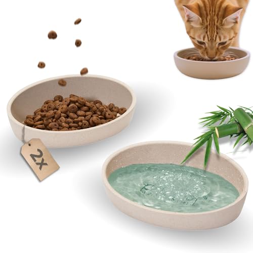 PiuPet® Katzen Napf 2er Set I Futternapf Katze rutschfest I Napf Katze spülmaschinengeeignet I Katzen Futternapf | Katzennapf Flach und Breit I Fressnapf Katze aus Bambus I 230ml I Beige/Grey von PiuPet