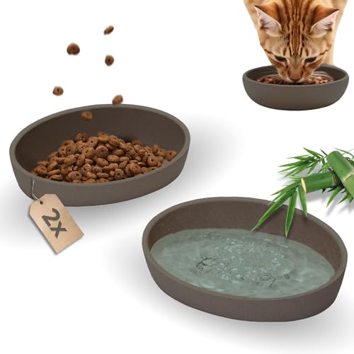 PiuPet® Katzen Napf 2er Set I Futternapf Katze rutschfest I Napf Katze spülmaschinengeeignet I Katzen Futternapf | Katzennapf Flach und Breit I Fressnapf Katze aus Bambus I 230ml I Beige/Grey von PiuPet