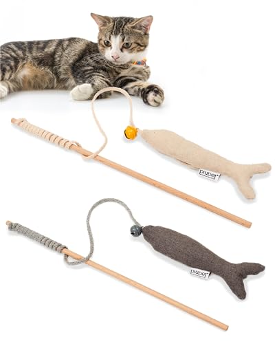 PiuPet® Katzenangel 2er Set inkl. Katzenminze - mit stabilen Holzgriff - interaktives Katzenspielzeug mit gratis Catnip - stylisches Katzenangelset von PiuPet