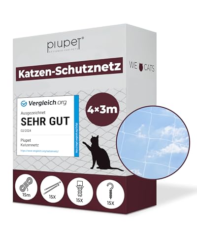 PiuPet® Katzennetz I 4x3m I transparent I inklusive Montagematerial I Katzennetz für Balkon | Katzenschutz Fenster I Katzen Balkonnetz I Ideal für uneingeschränkte Sicht von PiuPet