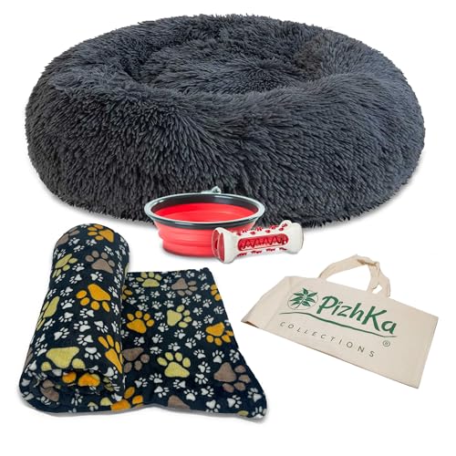 PizhKa Donut-Set für Hunde, Hundedecke, Auto/Sofa, faltbarer Reiseschnapf für Hunde + Zahnreinigungsspielzeug für Hunde (schwarze Hundepfoten) von PizhKa