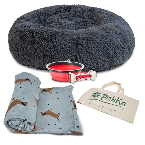 PizhKa Set Donut-Bett für Hunde + Decke für Hunde im Auto/Sofa + Faltbarer Reisefutterspender für Hunde + Zahnreinigungsspielzeug für Hunde (Dackelgrau) von PizhKa