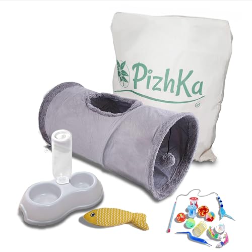 PizhKa - Doppelnapf mit Wasserspender für Katzen + Unterhaltungstunnel für Katzen + Katzenspielzeug mit Katzenspielzeug | Basisset für Kätzchen von PizhKa