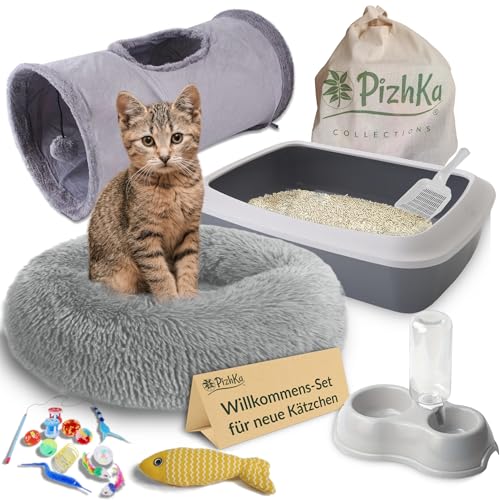 PizhKa Set Katzenbett Katzenklo Katzenspielzeug Katzentunnel und Katzennapf - Kätzchen-Willkommenskit kleine Katzen. Modell Avila von PizhKa