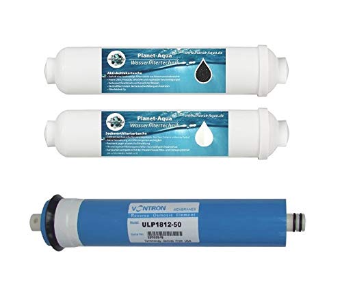 Planet-Aqua Ersatzfilter Set (Aktivkohle + Sediment Filter) für die Osmoseanlage inkl. 50 GPD Osmose Membran mit 190 l/Tagesl. Für die Umkehrosmose Anlage für Trinkwasser und das Aquarium Wasser von Planet-Aqua