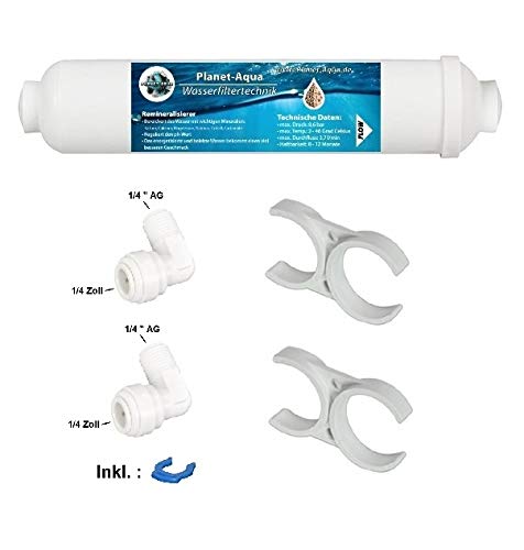 Planet-Aqua Mineralfilter zur Mineralisierung von Trinkwasser inkl. Anschlusswinkel und Halterungen zur Montage an der 6. Filterstufe von Umkehr Osmose Anlage von Planet-Aqua