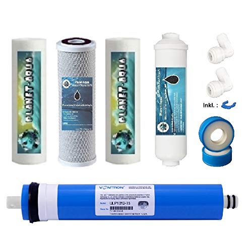 Planet-Aqua Osmose Ersatzfilter Set 10 Zoll RO5 mit 100 GPD Membran und Anschlusszubehör für den Aktivkohle Nachfilter. Filterkartuschen und Filterpatronen für die Umkehrosmose Osmoseanlage von Planet-Aqua
