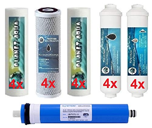 Planet-Aqua Umkehrosmose Filter Set 20 Ersatzfilter + 50GPD Membrane für Wasserfilter Anlage mit 10 Zoll Vorfilter Gehäuse und Aktivkohle Mineral Nachfilter Patronen Kartuschen. von Planet-Aqua