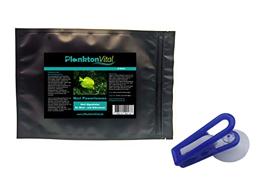 PlanktonVital Nori Powerleave Nori-Algenblätter mit Futterklammer Algenfutter Seaweed Feed Clip Fischfutter Nori Algen (10 + Futterklammer) von PlanktonVital