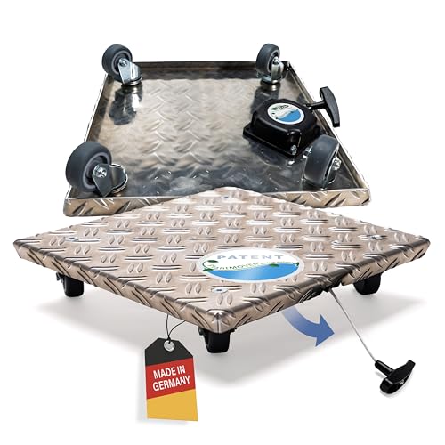 PlantMOVER Pflanzenroller mit Seilzug - 150kg Tragkraft 32x32 cm – eckig mit robusten Rollen – aus Aluminium-Riffelblech für besten Grip – Rollbrett für Pflanzen – Einfach ziehen, Made in Germany von PlantMOVER Einfach ziehen!