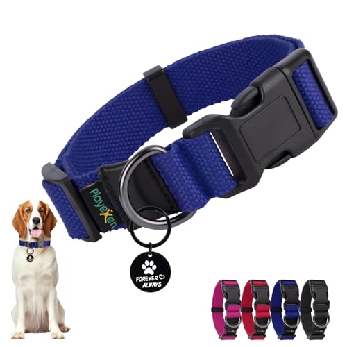 Hundehalsband Große Hunde-Halsbänder Verstellbares 35-50cm für Kleine Große Hund Dog Collar Weiches Baumwollmaterial Hunde Halsband mit Abnehmbaren Hundemarke für Training Ausführen(Blau-M) von Playexen