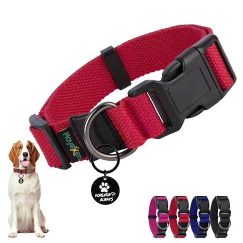 Hundehalsband Große Hunde-Halsbänder Verstellbares 35-50cm für Kleine Große Hund Dog Collar Weiches Baumwollmaterial Hunde Halsband mit Abnehmbaren Hundemarke für Training Ausführen(Rot-M) von Playexen