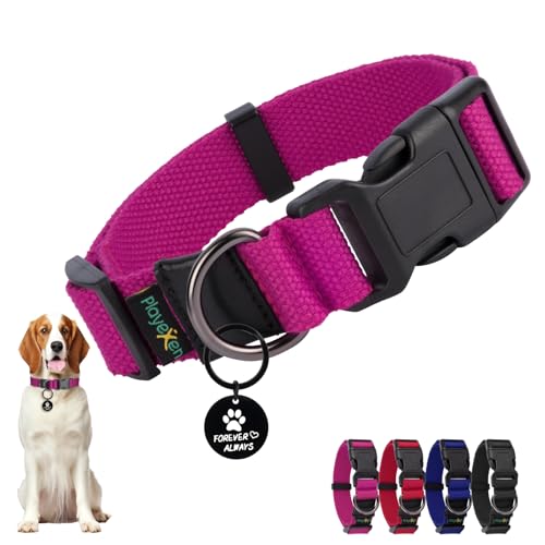 Hundehalsband Große Hunde-Halsbänder Verstellbares 35-50cm für Kleine Große Hund Dog Collar Weiches Baumwollmaterial Hunde Halsband mit Abnehmbaren Hundemarke für Training Ausführen(Rose-M) von Playexen
