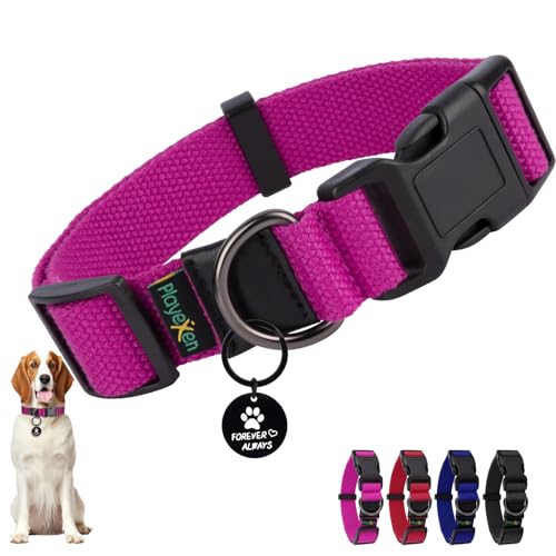 Hundehalsband Große Hunde-Halsbänder Verstellbares 40-60cm für Kleine Mittel Große Hund Dog Collar Weiches Baumwollmaterial Hunde Halsband mit Abnehmbaren Hundemarke für Training Ausführen(Rose-L) von Playexen