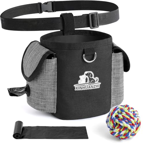 3-in-1 Leckerlibeutel für Hunde Futterbeutel Hundetraining Leckerlitasche mit Sacchetti Cane Cacca & Hundeball Accessori per Cani Hundesnackbeutel mit Verstellbarem Gürtel Kotbeutelspender(Grau) von Playexen