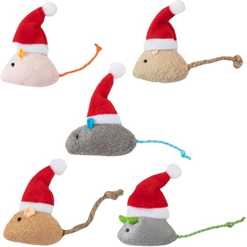 Kleine Mäuse, Katzenspielzeug, gefülltes Mini-Kauspielzeug mit Weihnachtsmütze und Katzenminze, 9,9 cm, Modell für Katzen, 5 Stück von Playful Paws