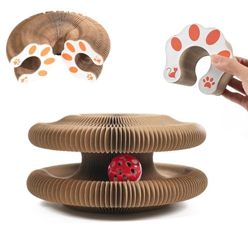 Playful Paws 2 Stück frei wechselnde Papp-Katzenkratzer, interaktives Kätzchenspielzeug mit Glockenball, Katzenanreicherungsspielzeug für Indoor-Katzen von Playful Paws