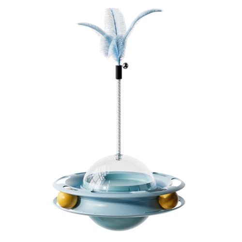 Playful Paws Katzen-Leckerli-Spender, Spielzeug, Drehteller, Tumbler-Spielzeug mit Bällen und Feder, 27,9 cm, interaktives Katzenspielzeug für gelangweilte Indoor-Katzen (blau) von Playful Paws