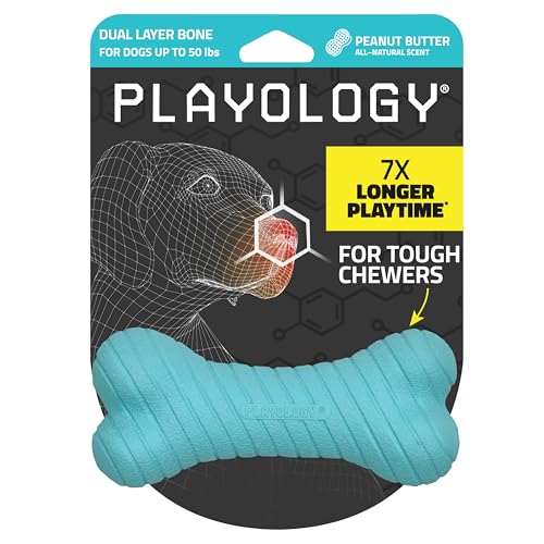 Playology Hundeknochen - Spielzeug für mittelgroße Hunde (15-30 Pfund) - Natürlicher Erdnussbutter-Duft, langlebig für Aggressive Kauer - 1 doppellagiger Blauer Knochen von Playology