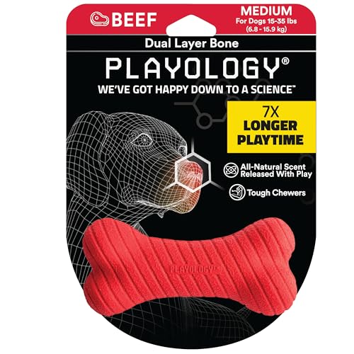 Playology Hundespielzeug mit Zwei Schichten Knochen – Hundespielzeug mit ganz natürlichem Rindfleischduft, rotes Spielzeug für mittelgroße Hunde – Kauen, Werfen, Apportieren und Spielen! von Playology