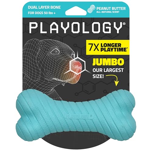 Playology Doppelschichtiger Knochen, natürliches Erdnussbutter-Duft, Jumbo-Größe, Blauer Knochen für große bis mittelgroße Hunde ab 22,7 kg, interaktiv und langlebig für Harte Kauer von Playology