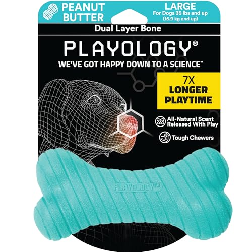 Playology Hundespielzeug, zweilagig, Knochenduft, weich und kaut auf der Außenseite, hart und langlebig auf der Innenseite, Large (35 lbs & up), Peanut Butter (Blue) von Playology