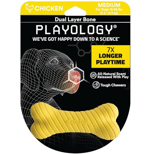 Playology Hundespielzeug, zweilagig, Knochenduft, weich und kaut auf der Außenseite, hart und langlebig auf der Innenseite, Medium (15-35 lbs), Chicken (Yellow) von Playology