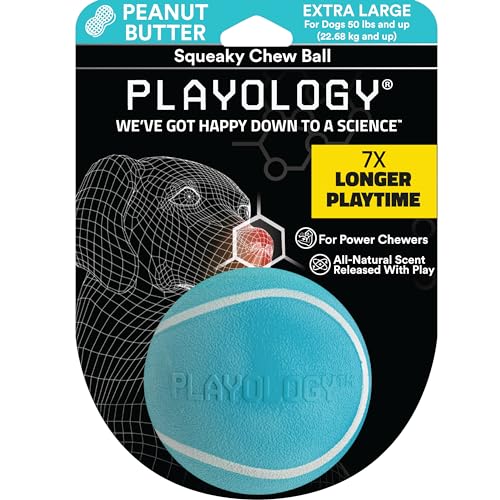 Playology Quietschender Kauball für Hunde, natürliches Erdnussbutter-Duft, extra groß, blau – Quietschen, Hüpfen, Apportieren und Spielen von Playology