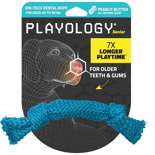 Playology Silver Dri-Tech Dental Rope Hundespielzeug für mittelgroße ältere Hunde (6,8–15,9 kg) – ansprechendes, natürliches Kauspielzeug für Hunde mit Erdnussbutter-Duft – ungiftige Materialien und von Playology