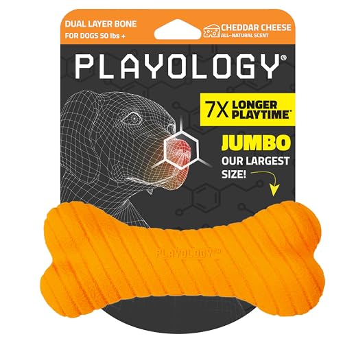 Playology Zweilagiger Knochen, natürliches Cheddar-Käse-Duft, Jumbo-Größe, oranger Knochen für große bis mittelgroße Hunde ab 22,7 kg, interaktiv und langlebig für harte Kauer von Playology