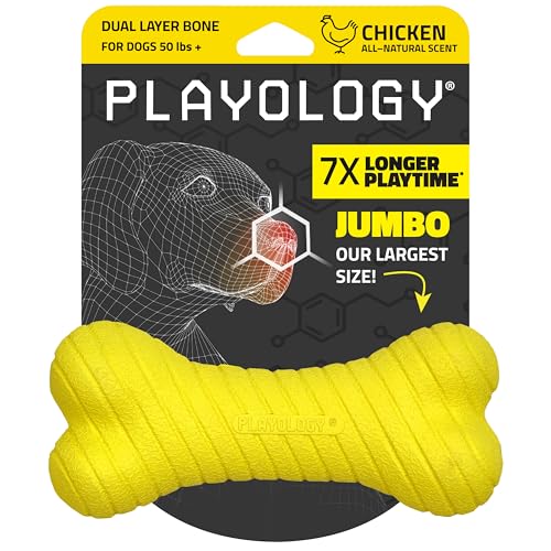 Playology Zweilagiges Knochenspielzeug – ansprechendes Hundespielzeug mit natürlichem Huhnduft, groß – Kauen, Werfen, Apportieren und Spielen von Playology