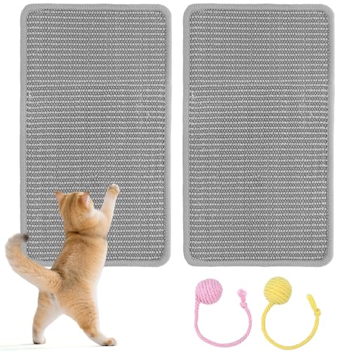 PlsMupn Kratzmatte Katze 2 Stück, 50x25 cm Sisal Katzenkratzmatte Grau mit 2 Stück Kratzball aus Sisal, Natürliche Katzenkratzbretter, Robuste Kratzbretter Katze, Kratzschutz für Sofa Möbel & Wand von PlsMupn