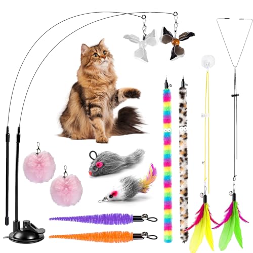 Pmueuff Katzenspielzeug Set, Interaktives Katzenspielzeug, Katzenspielzeug Angel,Federspielzeug für Katzen mit Federn und Saugnapf für Kitten SelbstbeschäFtigung von Pmueuff