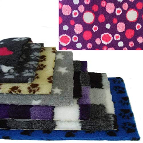 PnH Veterinary Bedding ® Rutschfest, 100 cm x 76 cm, gebrauchsfertig, Webkante entfernt, Violett mit rosa Kreisen von PnH Veterinary Bedding