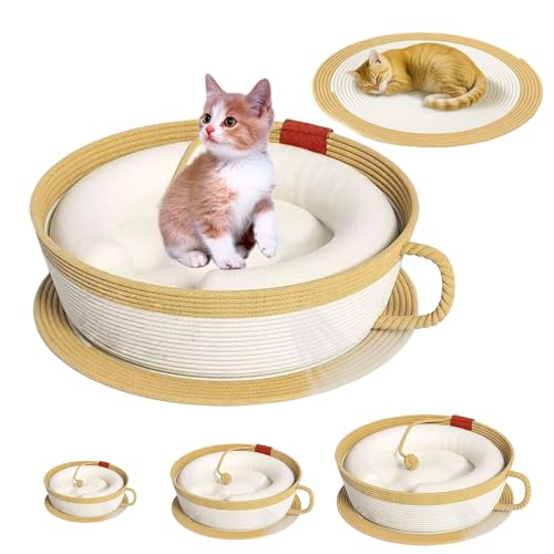 Cat Nest - Coffee Cup Shape Basket Pad Mat, Cotton Rope Woven Warm Pet Bed, Coffee Cup Scratching Pad for Desk Bedside Couch Window Christmas Winter Play Sleeping (Small) von Pnedeodm