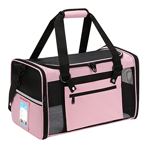 Pnimaund Haustier-Transporttasche von Fluggesellschaften zugelassen, kleine Hundetragetasche mit verbesserten Reißverschlüssen und reflektierenden Streifen, faltbare Katzentragetasche, rosa von Pnimaund