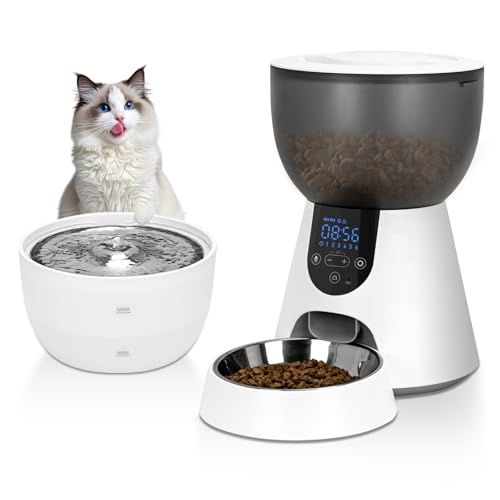 Podazz Automatischer Katzenfutterspender und Wasserspender, 4L Timed Pet Trockenfutterspender Pet Feeder, Programmierbare Portionskontrolle, 1-6 Mahlzeiten pro Tag und 10s Mahlzeitanruf, Katzenbrunnen Podazz Automatischer Katzenfutterspender und Wasserspender, 4L Timed Pet Trockenfutterspender Pet Feeder, Programmierbare Portionskontrolle, 1-6 Mahlzeiten pro Tag und 10s Mahlzeitanruf, Katzenbrunnen von Podazz